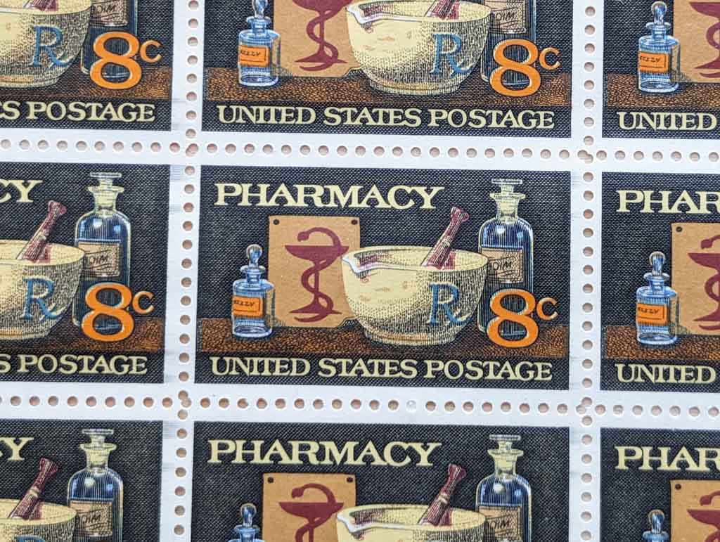 Pharmacy, Vintage Unused USPS 8 Cent Postage Stamps, Pharmacy Stamps, 1972, Gummed