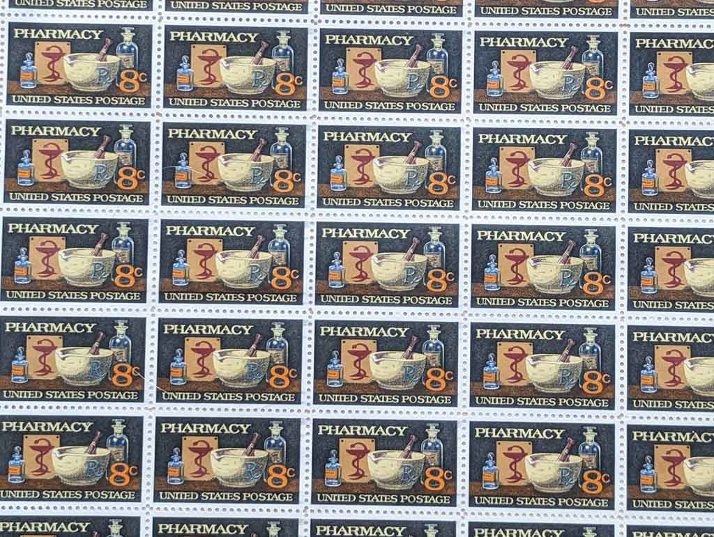 Pharmacy, Vintage Unused USPS 8 Cent Postage Stamps, Pharmacy Stamps, 1972, Gummed