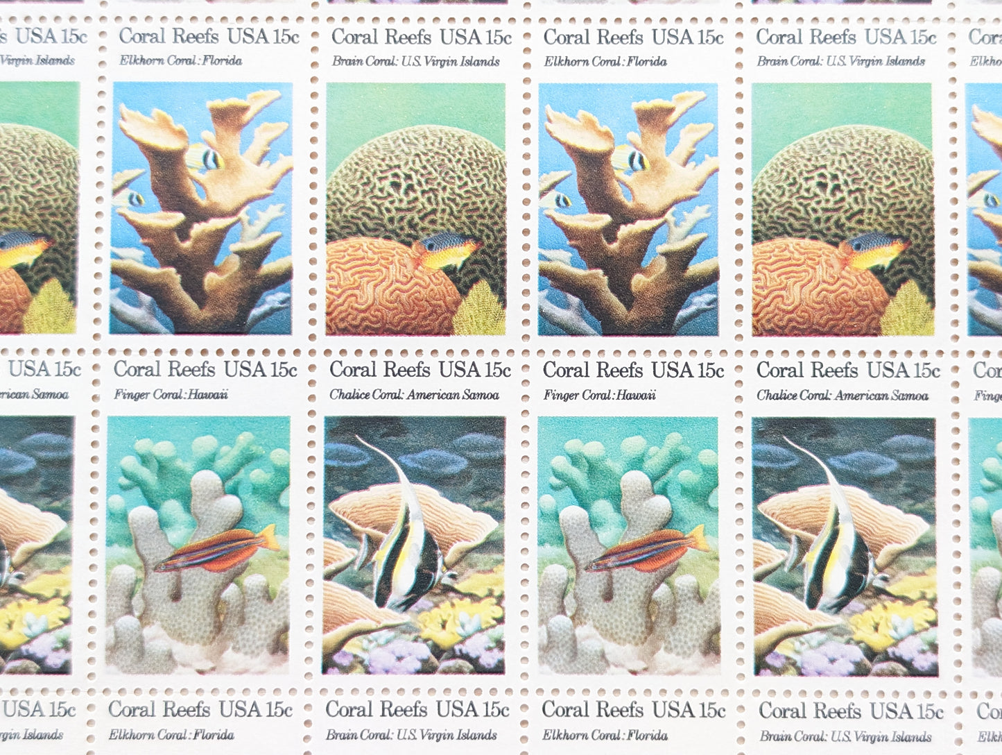 Coral Reefs Stamps, Vintage Unused USPS 15 Cent Postage Stamps, Finger Coral, Brain Coral, Chalice Coral, Elkhorn Coral 1980, Gummed