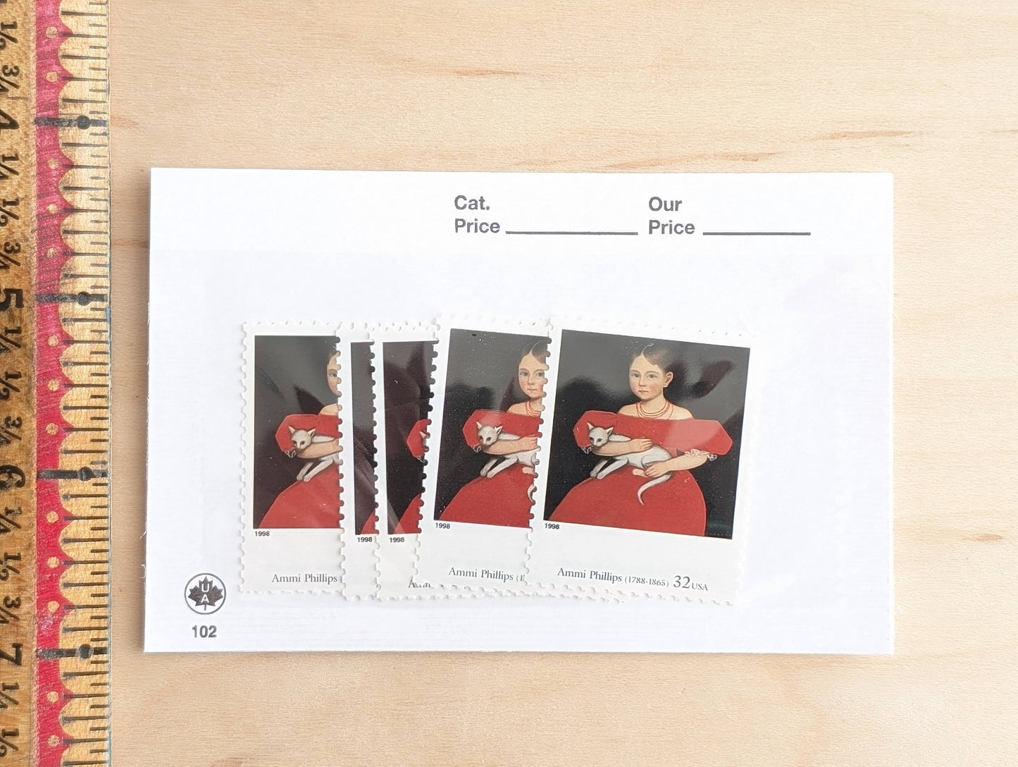Girl in Red Dress With Cat and Dog by Ammi Phillips, Set of 5, Vintage Unused USPS 32 Cent Postage Stamps, Four Centuries of American Art, 1997, Gummed