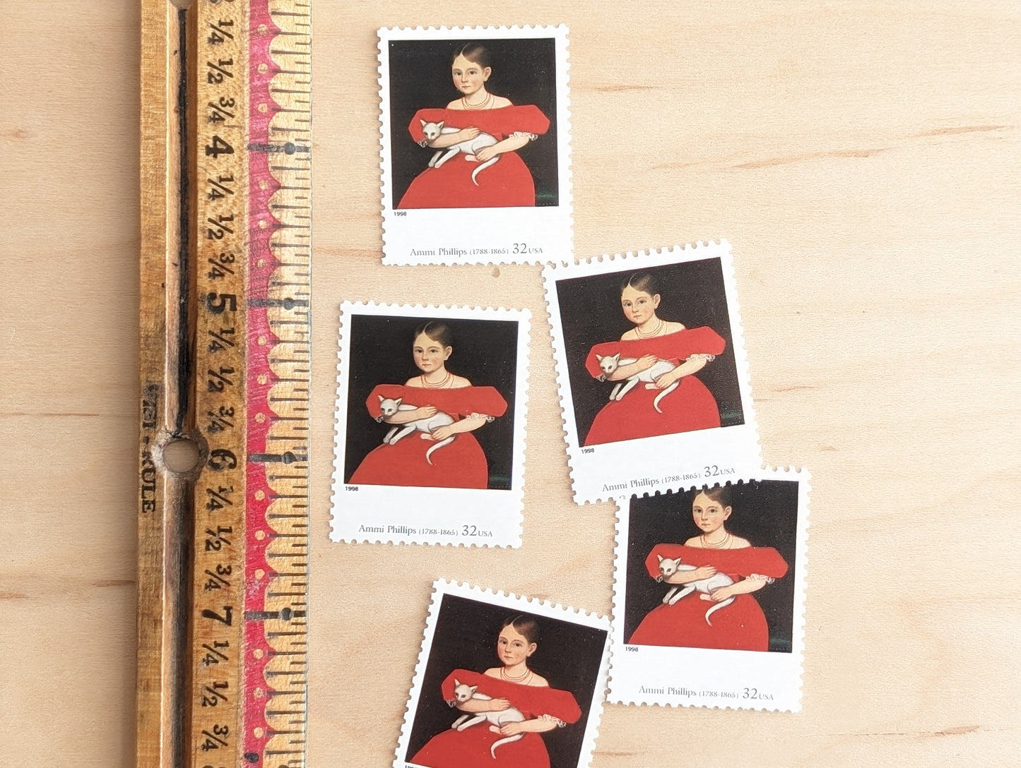 Girl in Red Dress With Cat and Dog by Ammi Phillips, Set of 5, Vintage Unused USPS 32 Cent Postage Stamps, Four Centuries of American Art, 1997, Gummed