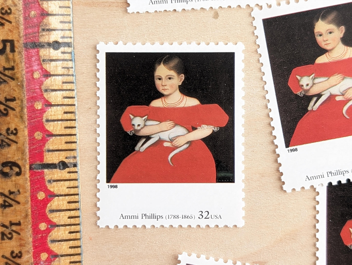 Girl in Red Dress With Cat and Dog by Ammi Phillips, Set of 5, Vintage Unused USPS 32 Cent Postage Stamps, Four Centuries of American Art, 1997, Gummed