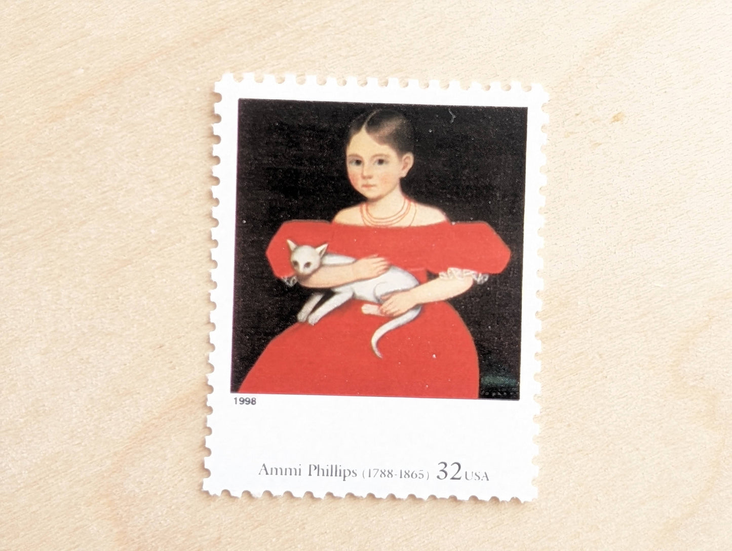 Girl in Red Dress With Cat and Dog by Ammi Phillips, Set of 5, Vintage Unused USPS 32 Cent Postage Stamps, Four Centuries of American Art, 1997, Gummed