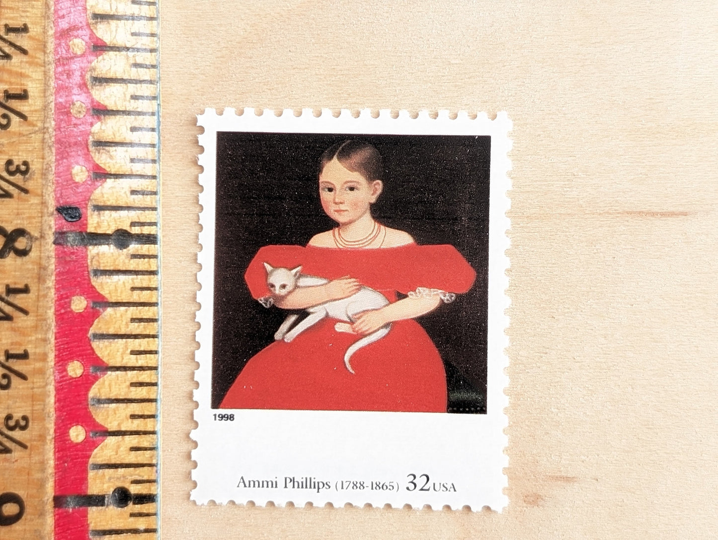 Girl in Red Dress With Cat and Dog by Ammi Phillips, Set of 5, Vintage Unused USPS 32 Cent Postage Stamps, Four Centuries of American Art, 1997, Gummed