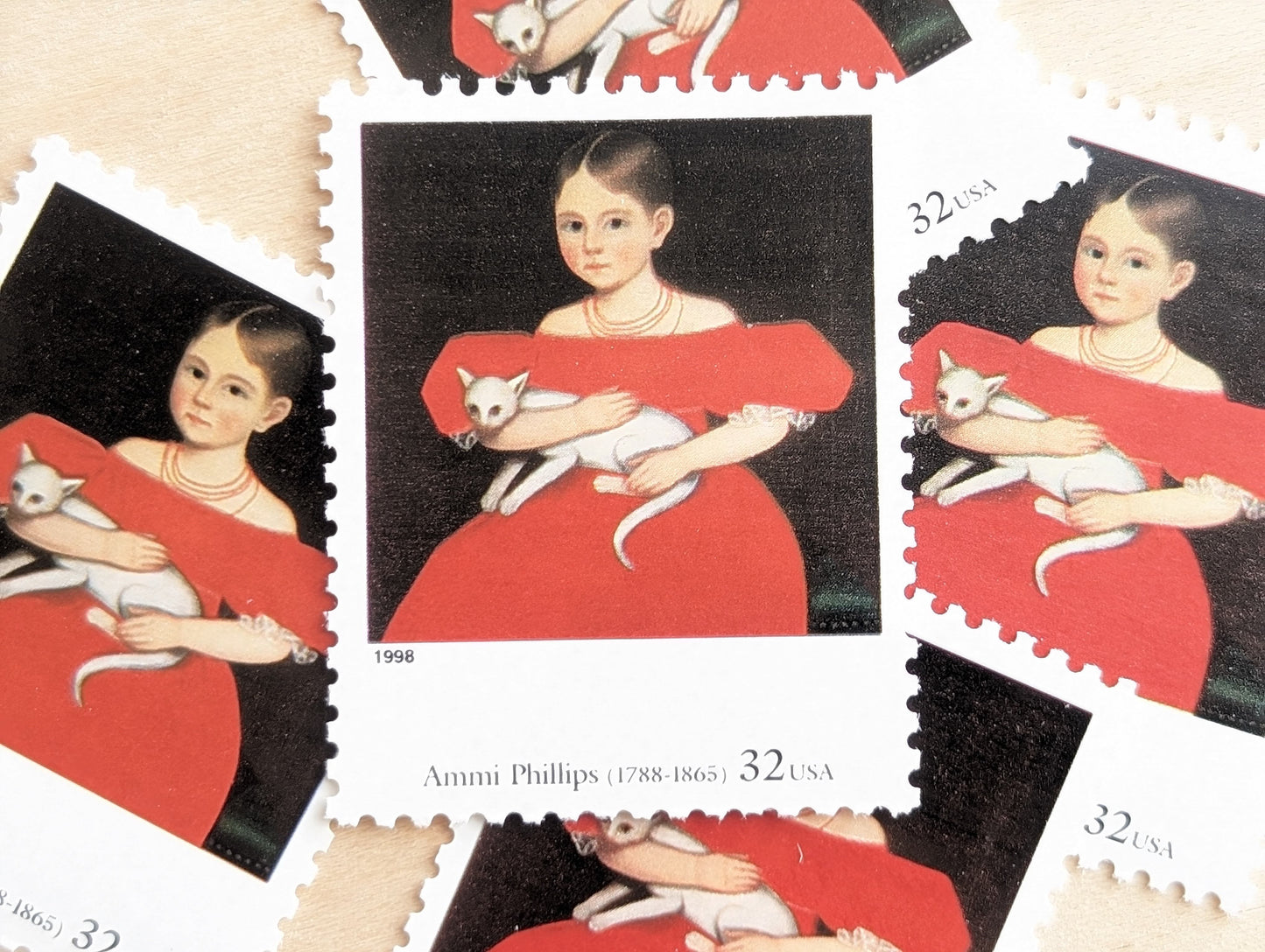 Girl in Red Dress With Cat and Dog by Ammi Phillips, Set of 5, Vintage Unused USPS 32 Cent Postage Stamps, Four Centuries of American Art, 1997, Gummed