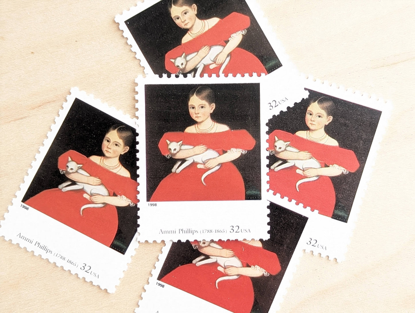 Girl in Red Dress With Cat and Dog by Ammi Phillips, Set of 5, Vintage Unused USPS 32 Cent Postage Stamps, Four Centuries of American Art, 1997, Gummed