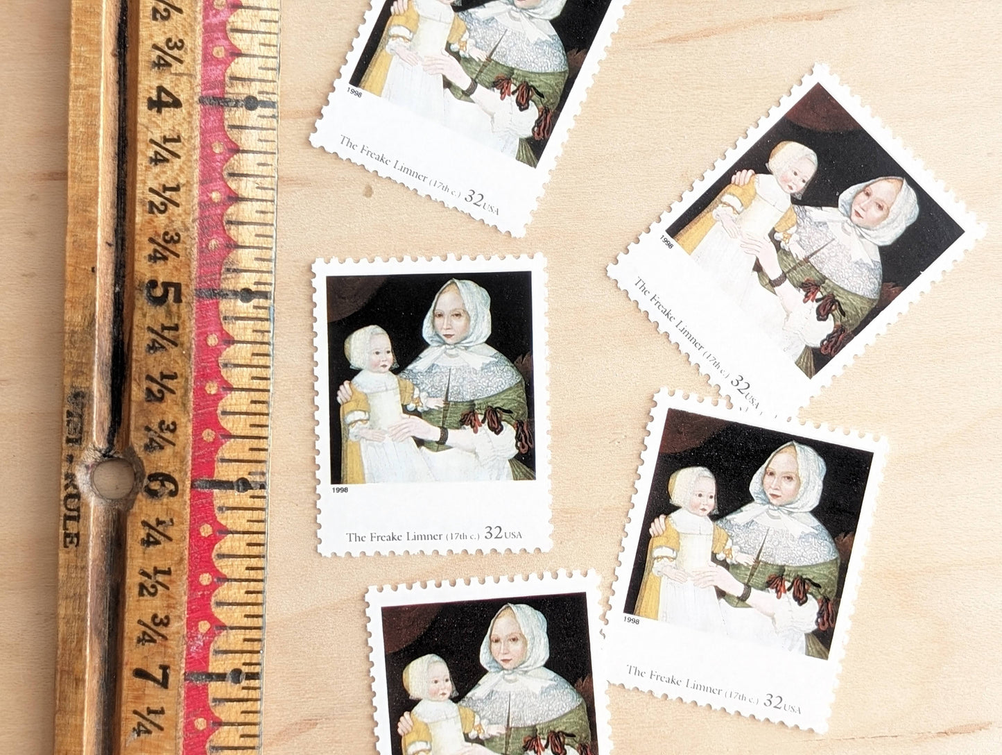 Mrs. Elizabeth Freake and Baby Mary by Freake Limner, Set of 5, Vintage Unused USPS 32 Cent Postage Stamps, Four Centuries of American Art, 1997, Gummed