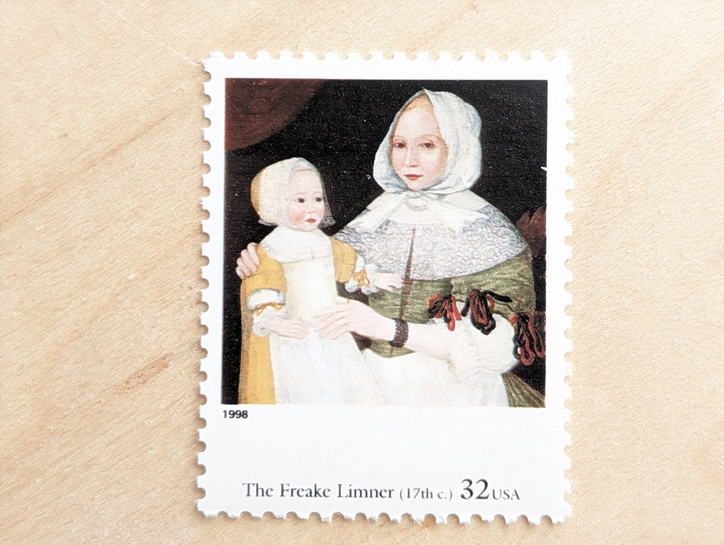Mrs. Elizabeth Freake and Baby Mary by Freake Limner, Set of 5, Vintage Unused USPS 32 Cent Postage Stamps, Four Centuries of American Art, 1997, Gummed