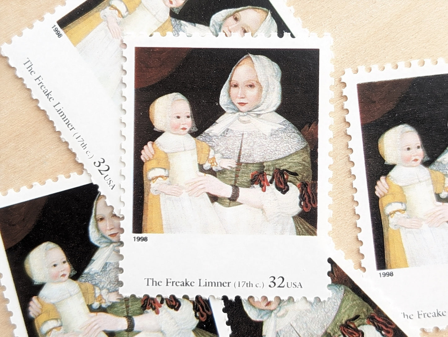 Mrs. Elizabeth Freake and Baby Mary by Freake Limner, Set of 5, Vintage Unused USPS 32 Cent Postage Stamps, Four Centuries of American Art, 1997, Gummed