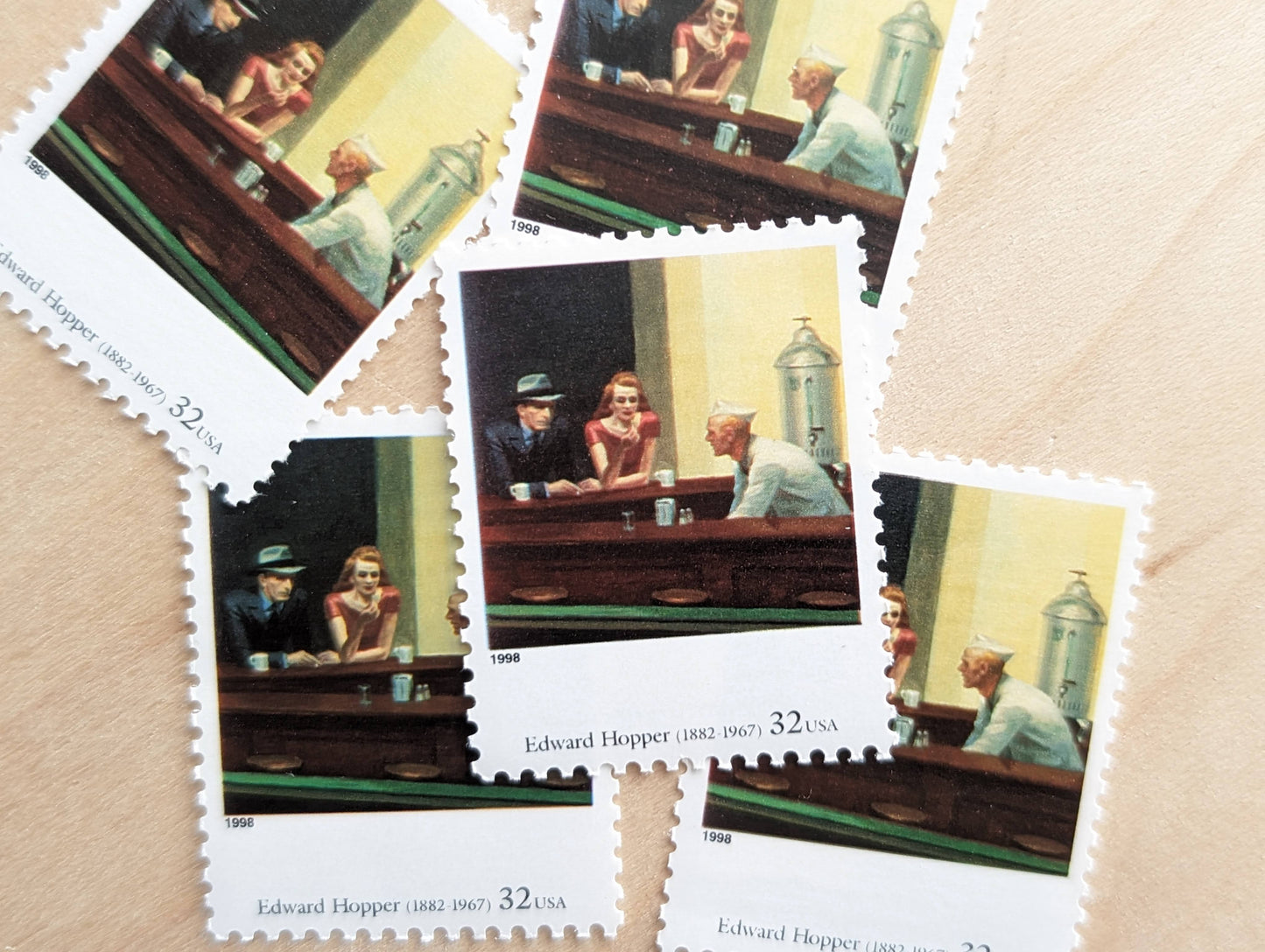 Nighthawks by Edward Hopper, Set of 5, Vintage Unused USPS 32 Cent Postage Stamps, Four Centuries of American Art, 1997, Gummed