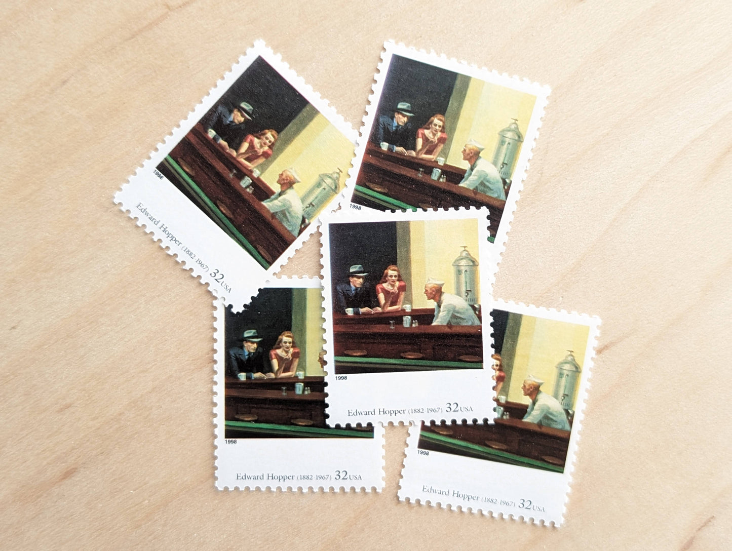 Nighthawks by Edward Hopper, Set of 5, Vintage Unused USPS 32 Cent Postage Stamps, Four Centuries of American Art, 1997, Gummed