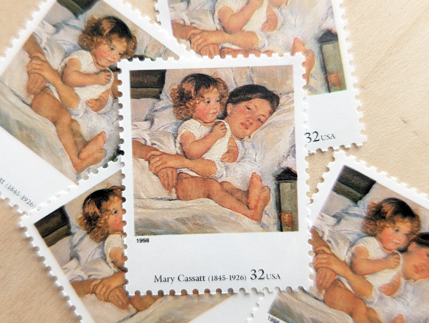 Breakfast in Bed by Mary Cassatt, Set of 5, Vintage Unused USPS 32 Cent Postage Stamps, Four Centuries of American Art Series 1997, Gummed