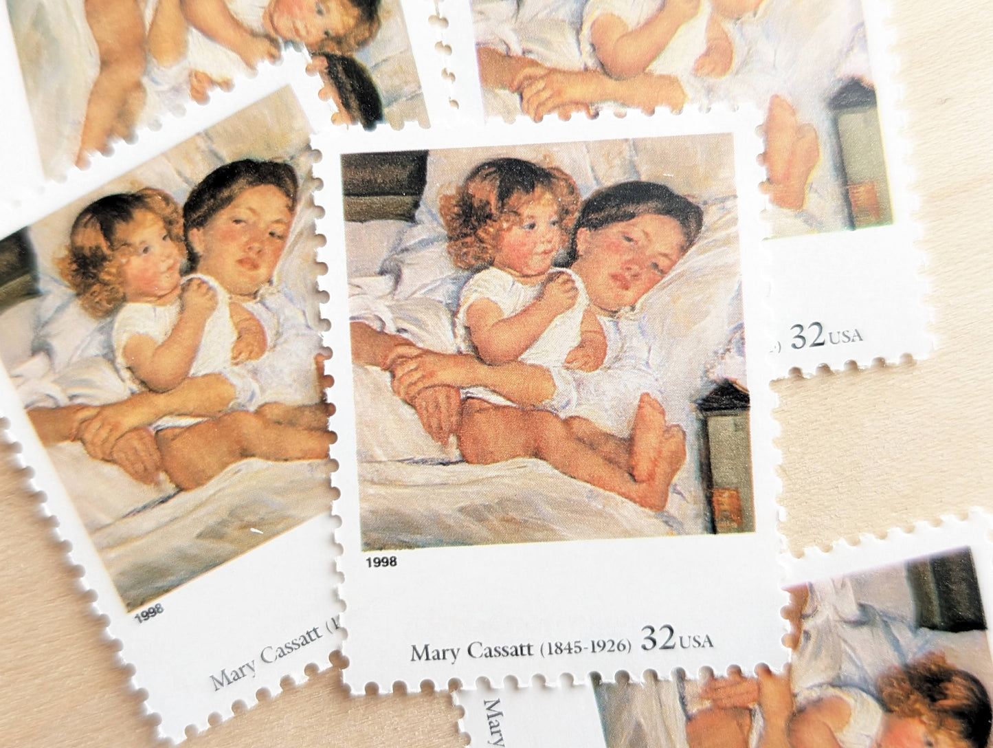 Breakfast in Bed by Mary Cassatt, Set of 5, Vintage Unused USPS 32 Cent Postage Stamps, Four Centuries of American Art Series 1997, Gummed