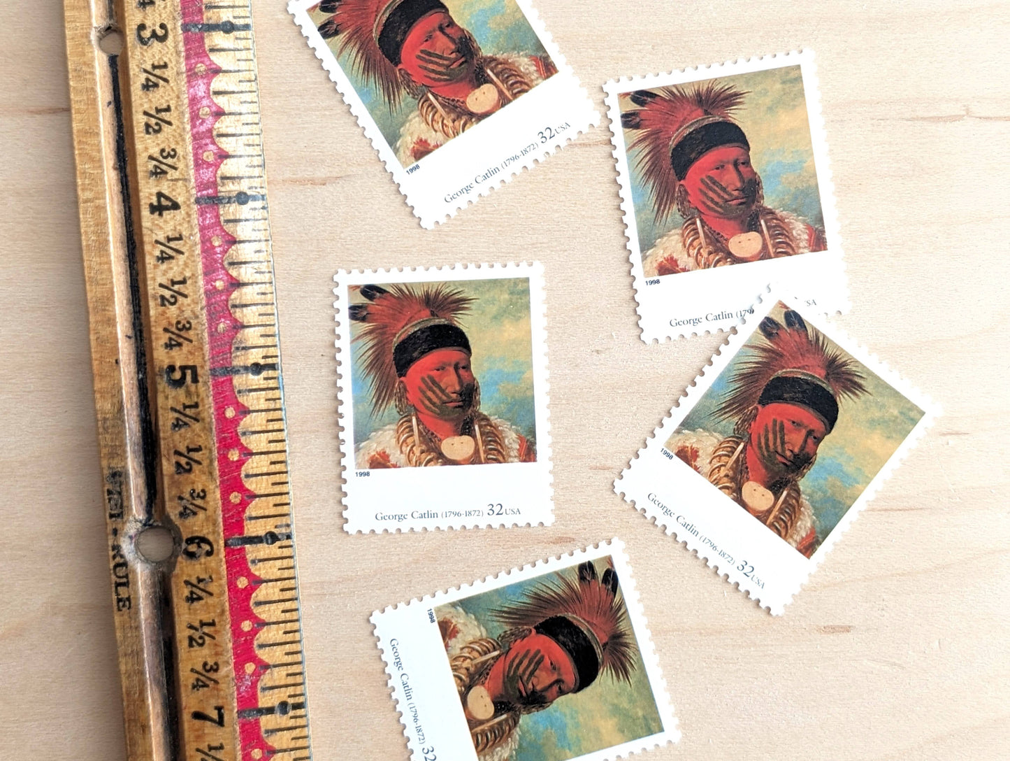 The White Cloud, Head Chief of the Iowas by George Catlin, Set of 5, Vintage Unused USPS 32 Cent Postage Stamps, Four Centuries of American Art Series 1997, Gummed