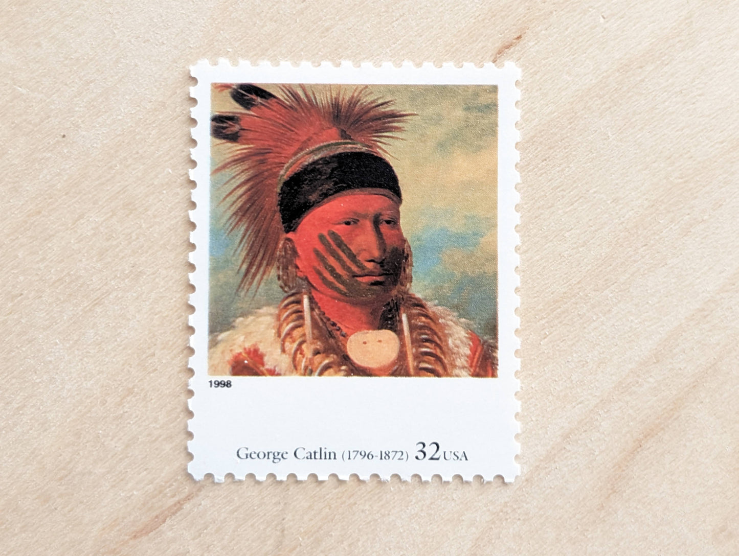 The White Cloud, Head Chief of the Iowas by George Catlin, Set of 5, Vintage Unused USPS 32 Cent Postage Stamps, Four Centuries of American Art Series 1997, Gummed