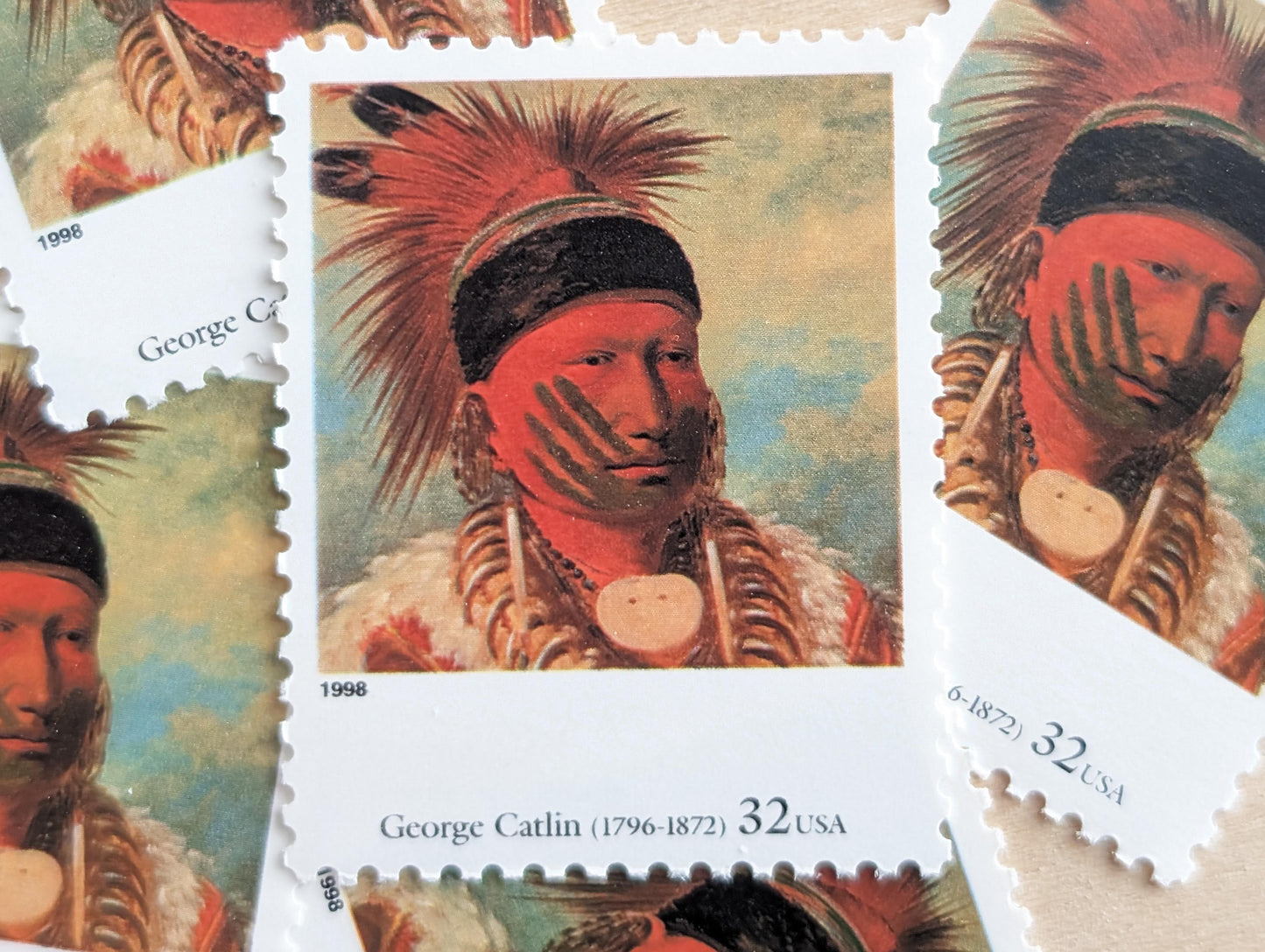 The White Cloud, Head Chief of the Iowas by George Catlin, Set of 5, Vintage Unused USPS 32 Cent Postage Stamps, Four Centuries of American Art Series 1997, Gummed