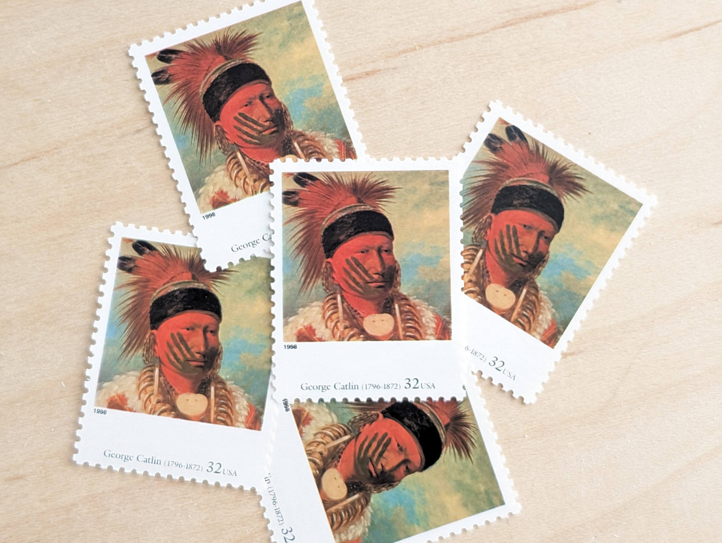 The White Cloud, Head Chief of the Iowas by George Catlin, Set of 5, Vintage Unused USPS 32 Cent Postage Stamps, Four Centuries of American Art Series 1997, Gummed