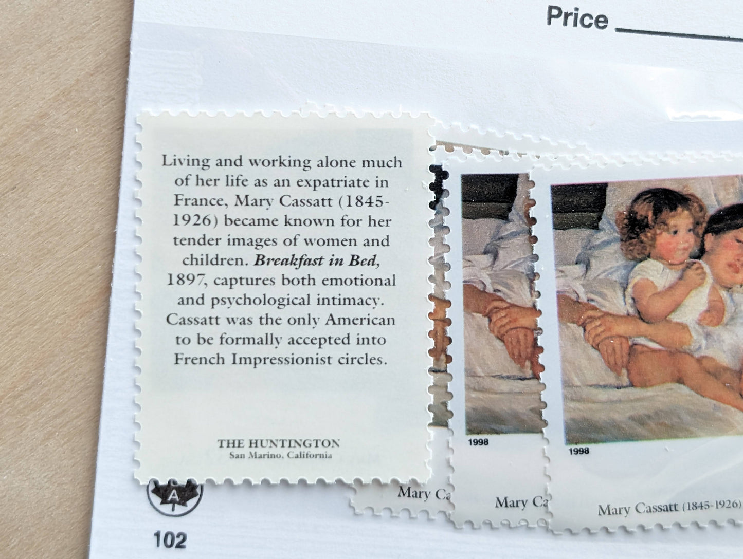 Breakfast in Bed by Mary Cassatt, Set of 5, Vintage Unused USPS 32 Cent Postage Stamps, Four Centuries of American Art Series 1997, Gummed