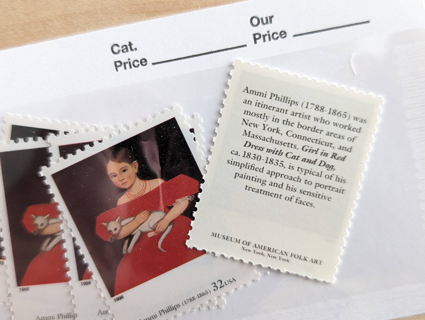 Girl in Red Dress With Cat and Dog by Ammi Phillips, Set of 5, Vintage Unused USPS 32 Cent Postage Stamps, Four Centuries of American Art, 1997, Gummed