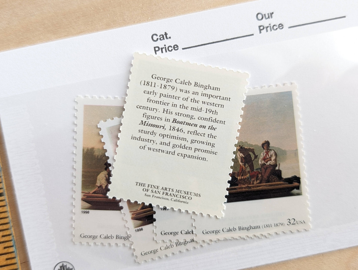 Boatmen on the Missouri by George Caleb Bingham, Set of 5, Vintage Unused USPS 32 Cent Postage Stamps, Four Centuries of American Art Series 1997, Gummed