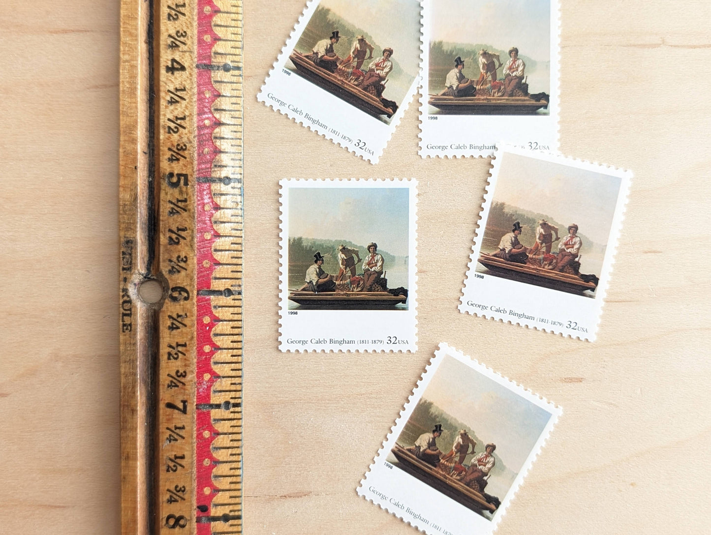 Boatmen on the Missouri by George Caleb Bingham, Set of 5, Vintage Unused USPS 32 Cent Postage Stamps, Four Centuries of American Art Series 1997, Gummed