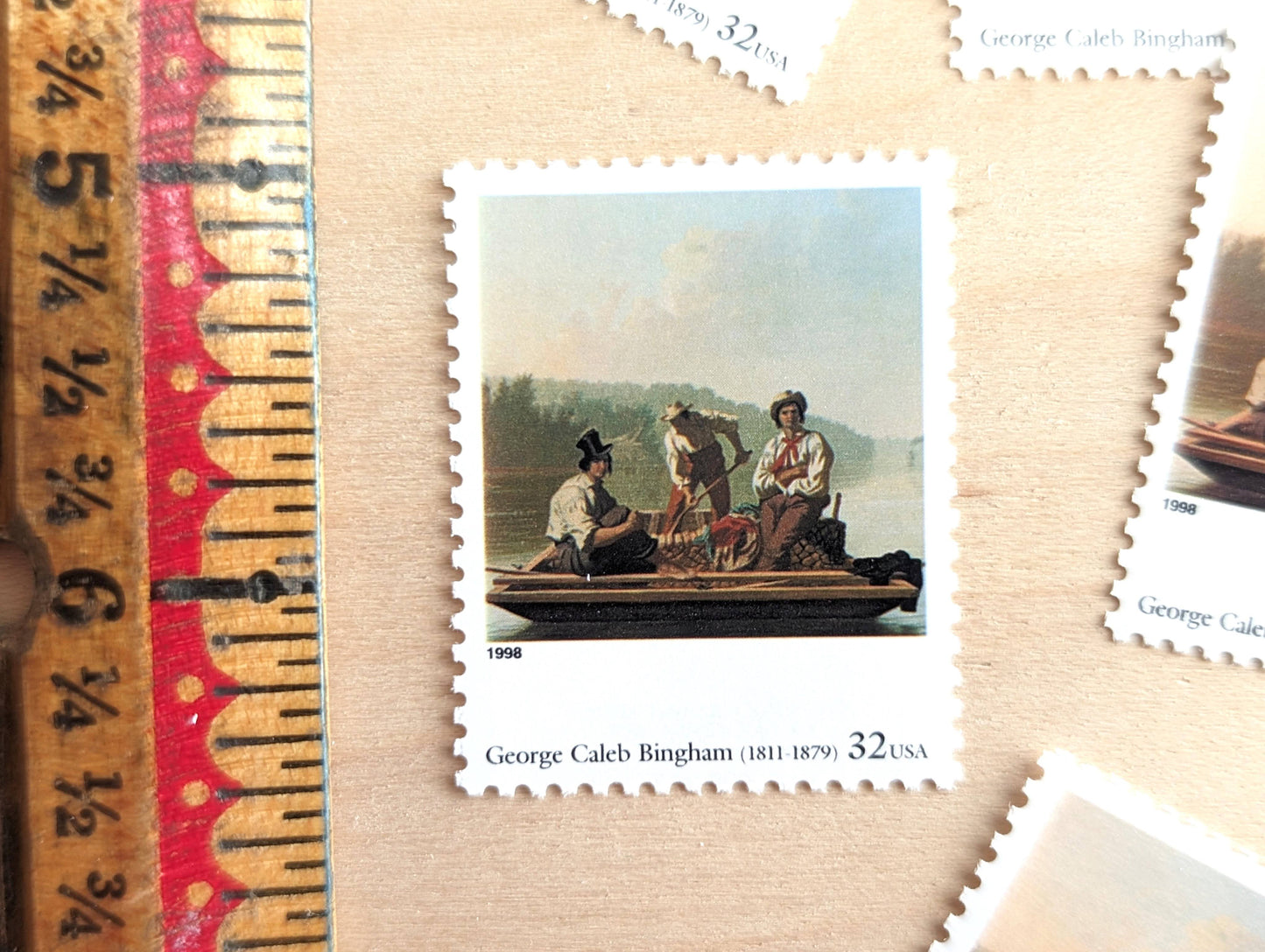 Boatmen on the Missouri by George Caleb Bingham, Set of 5, Vintage Unused USPS 32 Cent Postage Stamps, Four Centuries of American Art Series 1997, Gummed