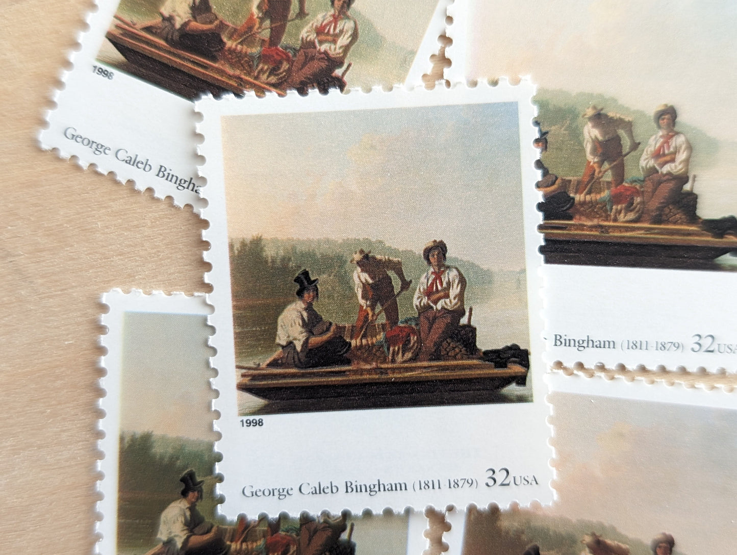 Boatmen on the Missouri by George Caleb Bingham, Set of 5, Vintage Unused USPS 32 Cent Postage Stamps, Four Centuries of American Art Series 1997, Gummed