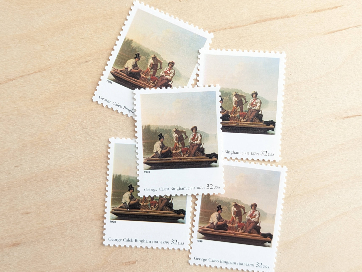 Boatmen on the Missouri by George Caleb Bingham, Set of 5, Vintage Unused USPS 32 Cent Postage Stamps, Four Centuries of American Art Series 1997, Gummed