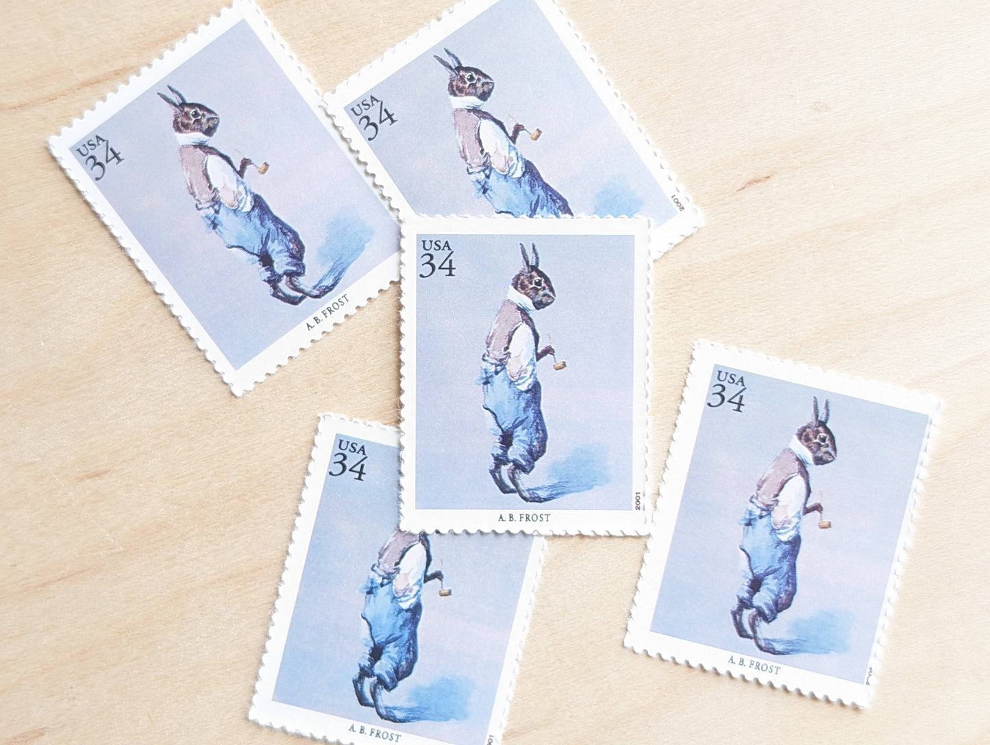 Arthur Burdett Frost, Br'er Rabbit, Set of 5, Vintage Unused USPS 34 Cent Postage Stamps, American Illustrators Series 2000, Gummed