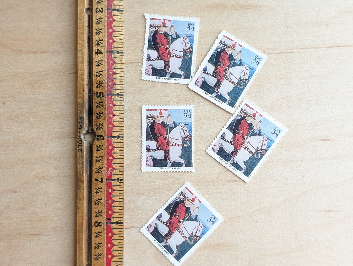 Edwin Austin Abbey, Galahad's Departure, Set of 5, Vintage Unused USPS 34 Cent Postage Stamps, American Illustrators Series 2000, Gummed