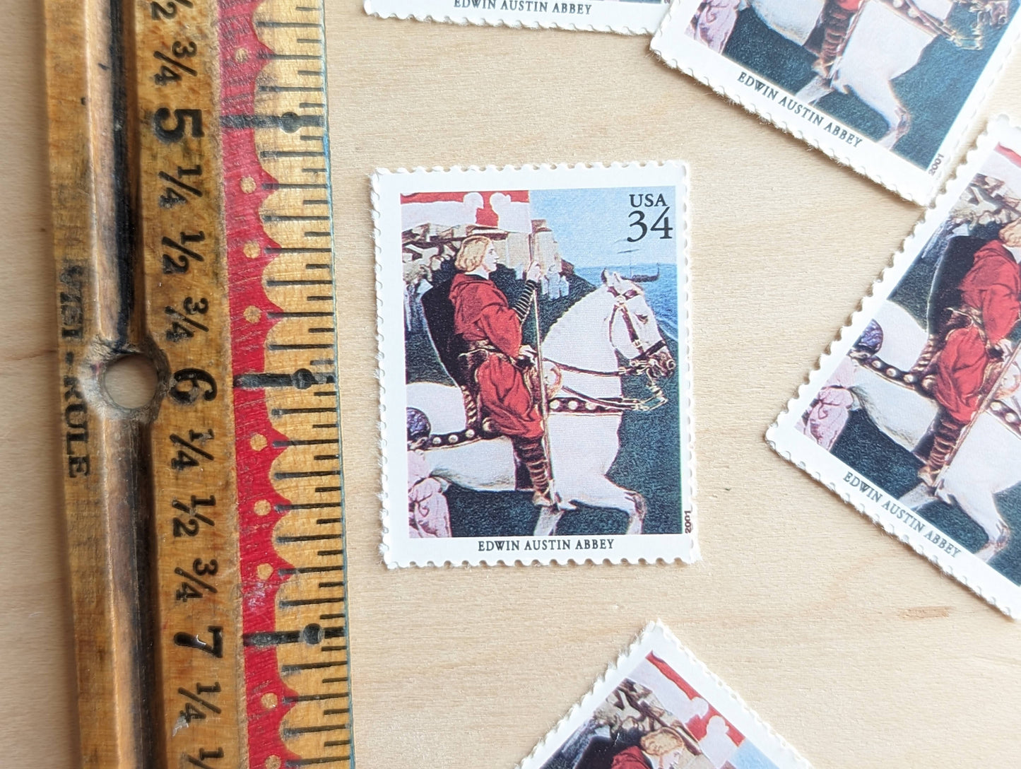 Edwin Austin Abbey, Galahad's Departure, Set of 5, Vintage Unused USPS 34 Cent Postage Stamps, American Illustrators Series 2000, Gummed