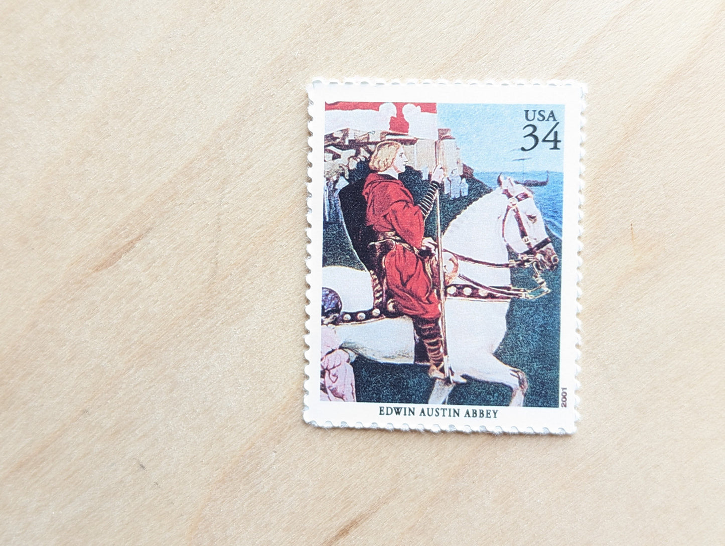 Edwin Austin Abbey, Galahad's Departure, Set of 5, Vintage Unused USPS 34 Cent Postage Stamps, American Illustrators Series 2000, Gummed