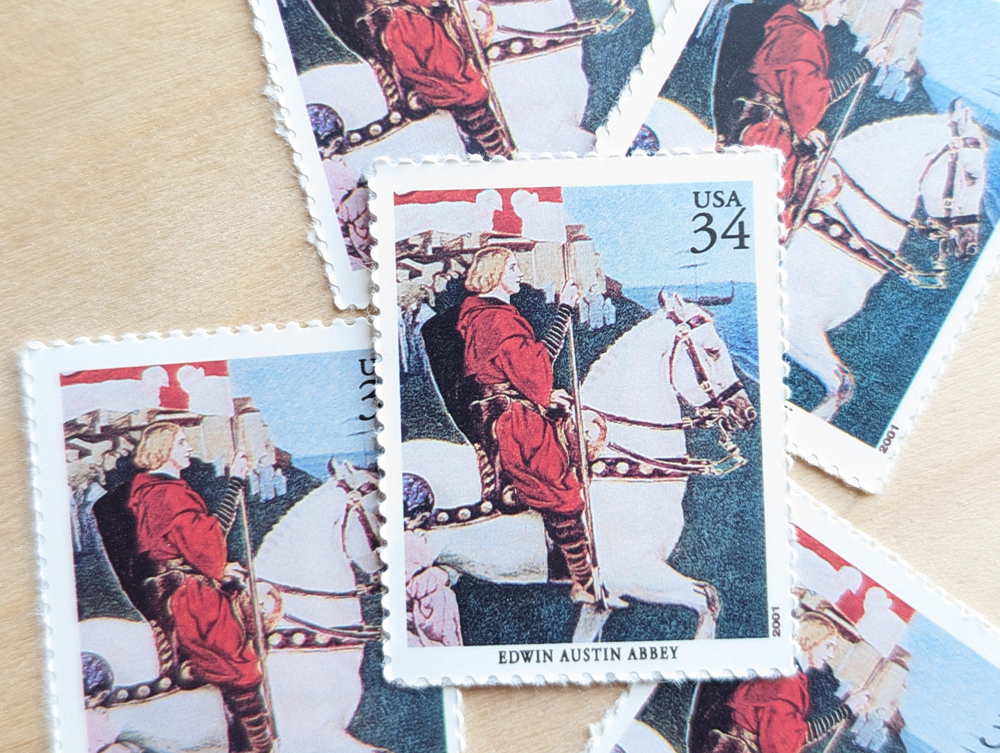 Edwin Austin Abbey, Galahad's Departure, Set of 5, Vintage Unused USPS 34 Cent Postage Stamps, American Illustrators Series 2000, Gummed