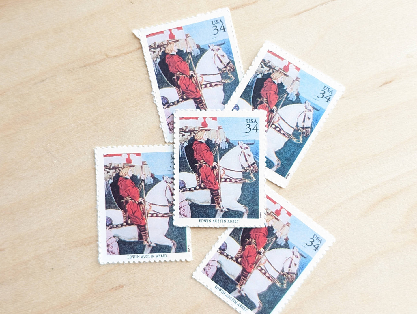 Edwin Austin Abbey, Galahad's Departure, Set of 5, Vintage Unused USPS 34 Cent Postage Stamps, American Illustrators Series 2000, Gummed
