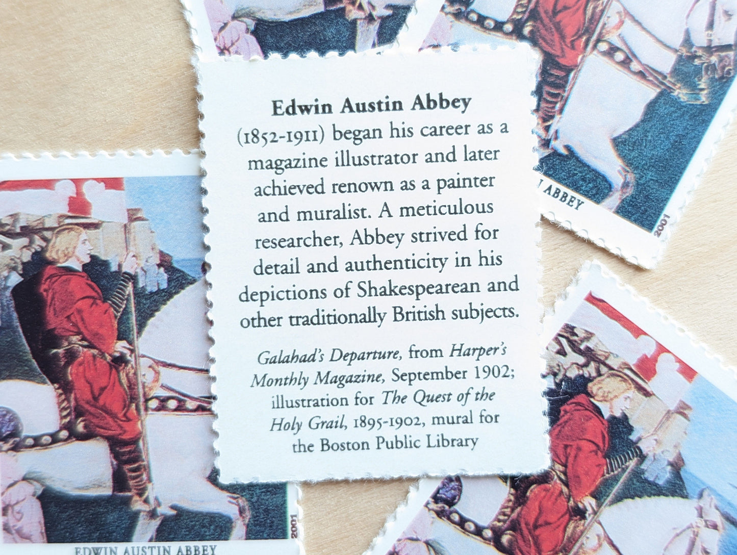 Edwin Austin Abbey, Galahad's Departure, Set of 5, Vintage Unused USPS 34 Cent Postage Stamps, American Illustrators Series 2000, Gummed