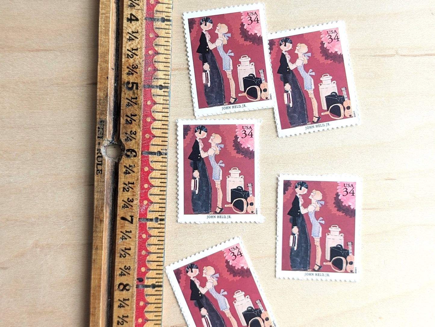 John Held Jr., The Girl He Left Behind, Set of 5, Vintage Unused USPS 34 Cent Postage Stamps, American Illustrators Series 2000, Gummed
