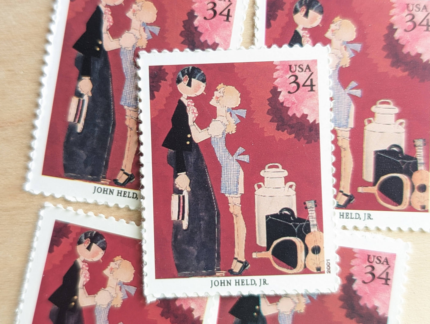 John Held Jr., The Girl He Left Behind, Set of 5, Vintage Unused USPS 34 Cent Postage Stamps, American Illustrators Series 2000, Gummed