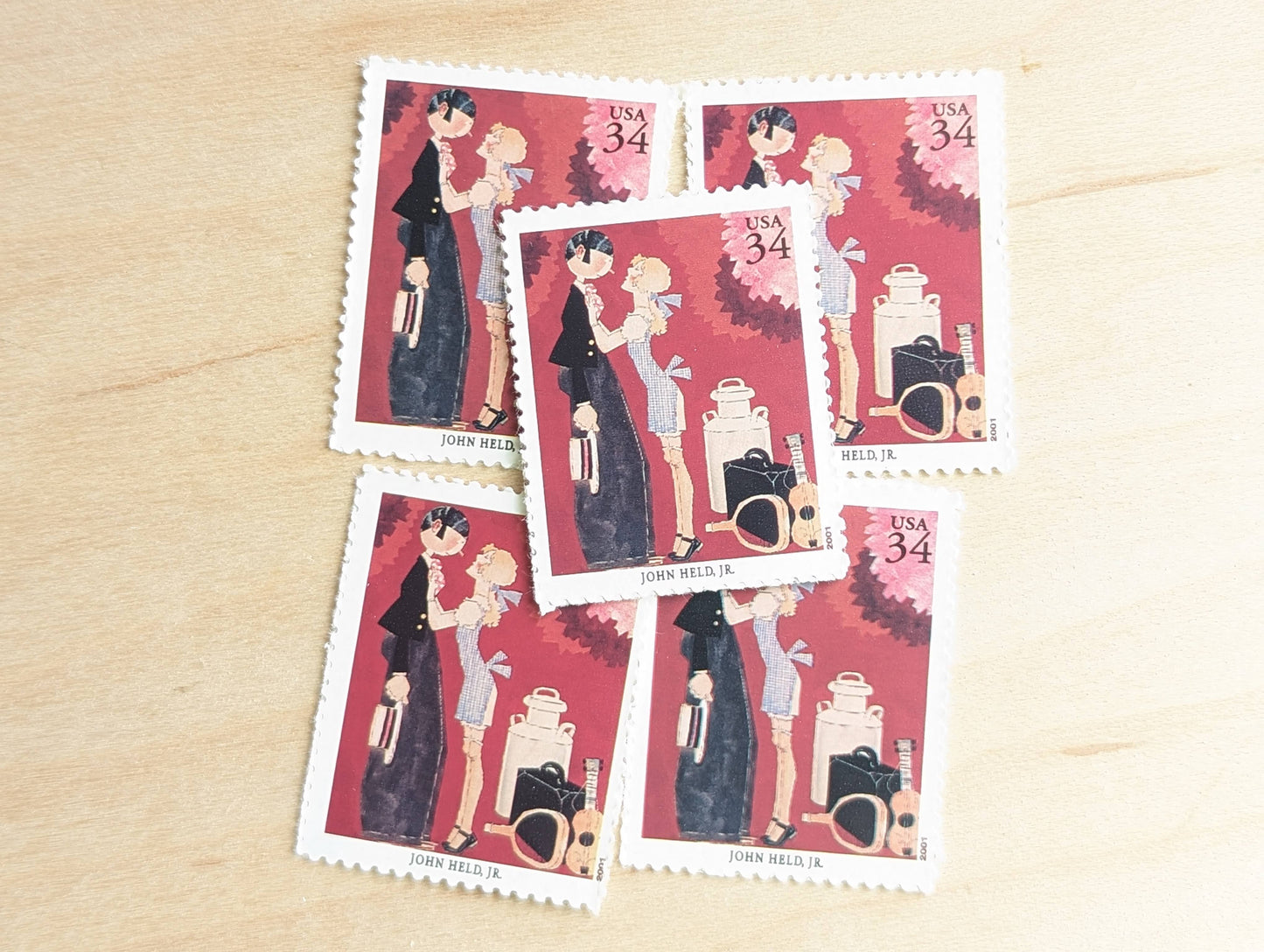 John Held Jr., The Girl He Left Behind, Set of 5, Vintage Unused USPS 34 Cent Postage Stamps, American Illustrators Series 2000, Gummed