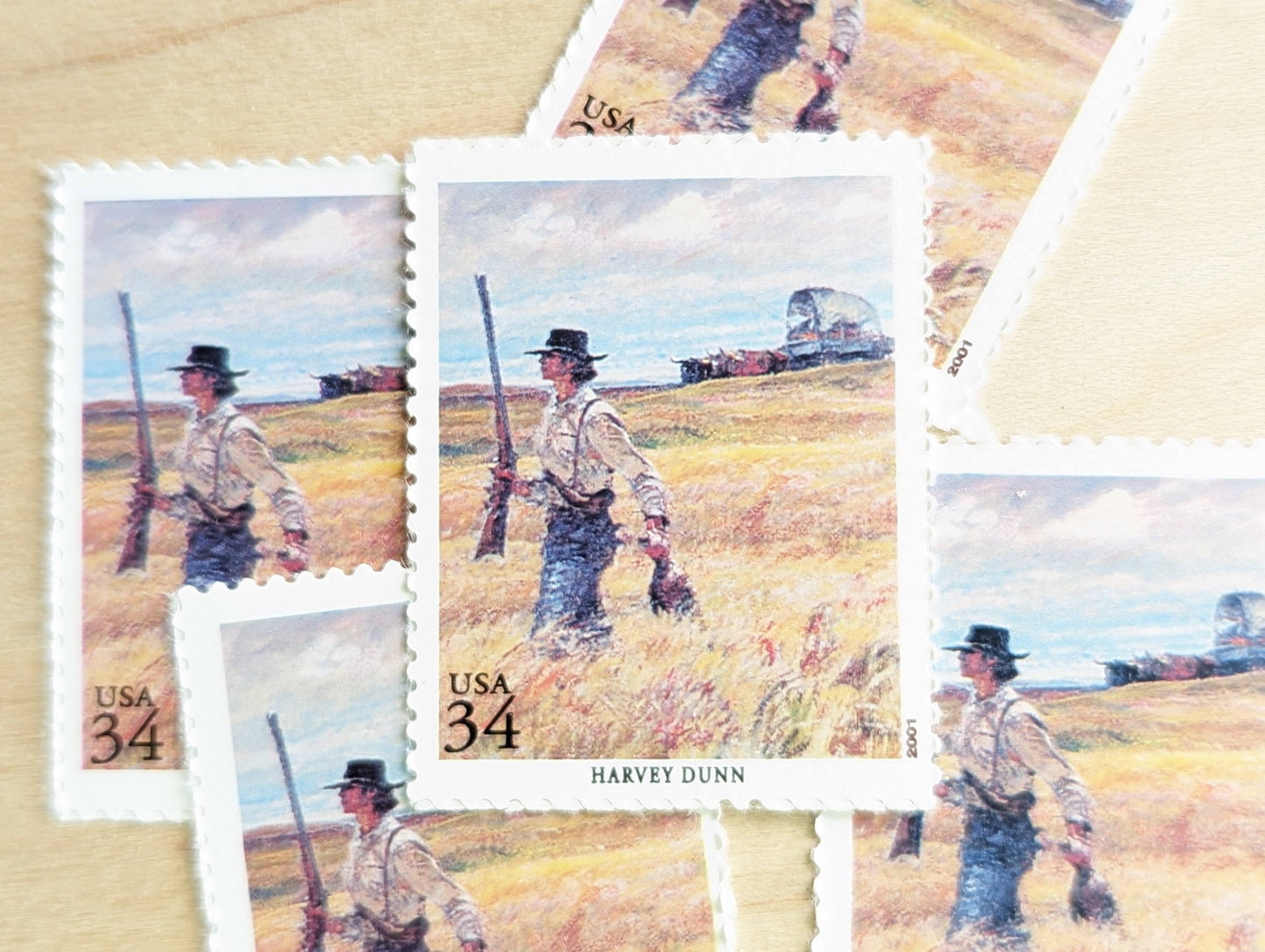 Harvey Dunn, Something For Supper, Set of 5, Vintage Unused USPS 34 Cent Postage Stamps, American Illustrators Series 2000, Gummed