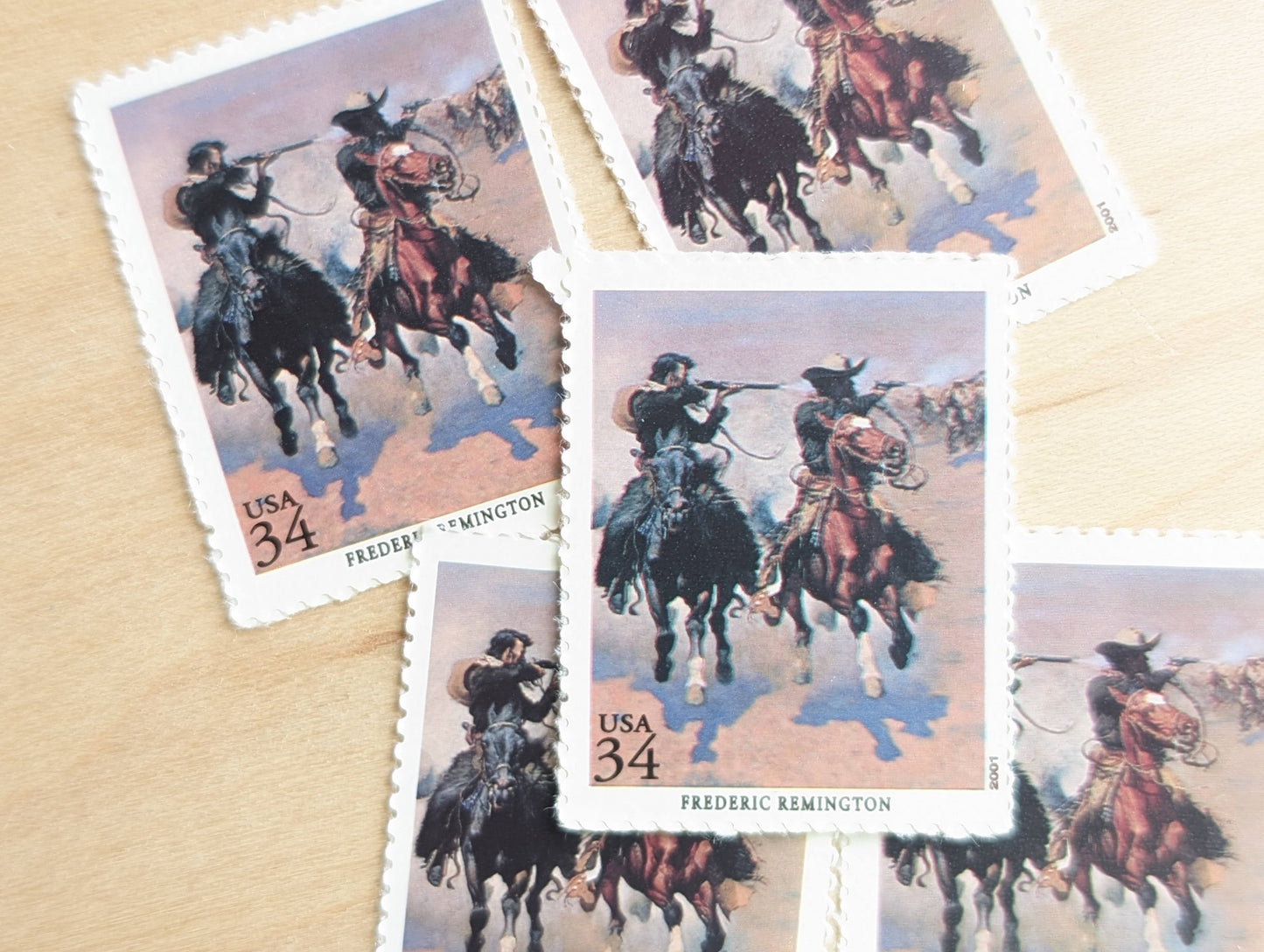 Frederic Remington, A Dash for the Timber, Set of 5, Vintage Unused USPS 34 Cent Postage Stamps, American Illustrators Series 2000, Gummed