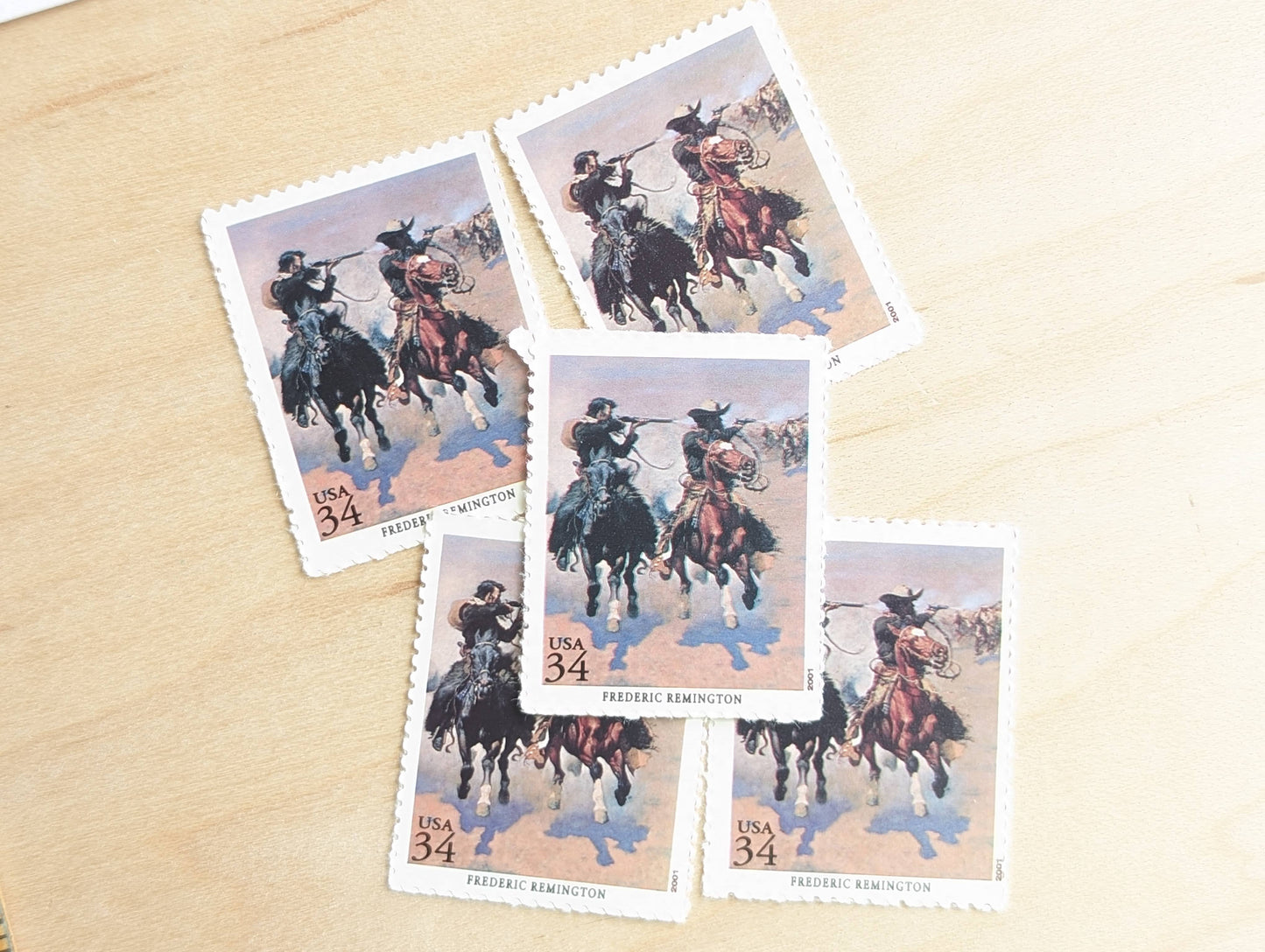 Frederic Remington, A Dash for the Timber, Set of 5, Vintage Unused USPS 34 Cent Postage Stamps, American Illustrators Series 2000, Gummed