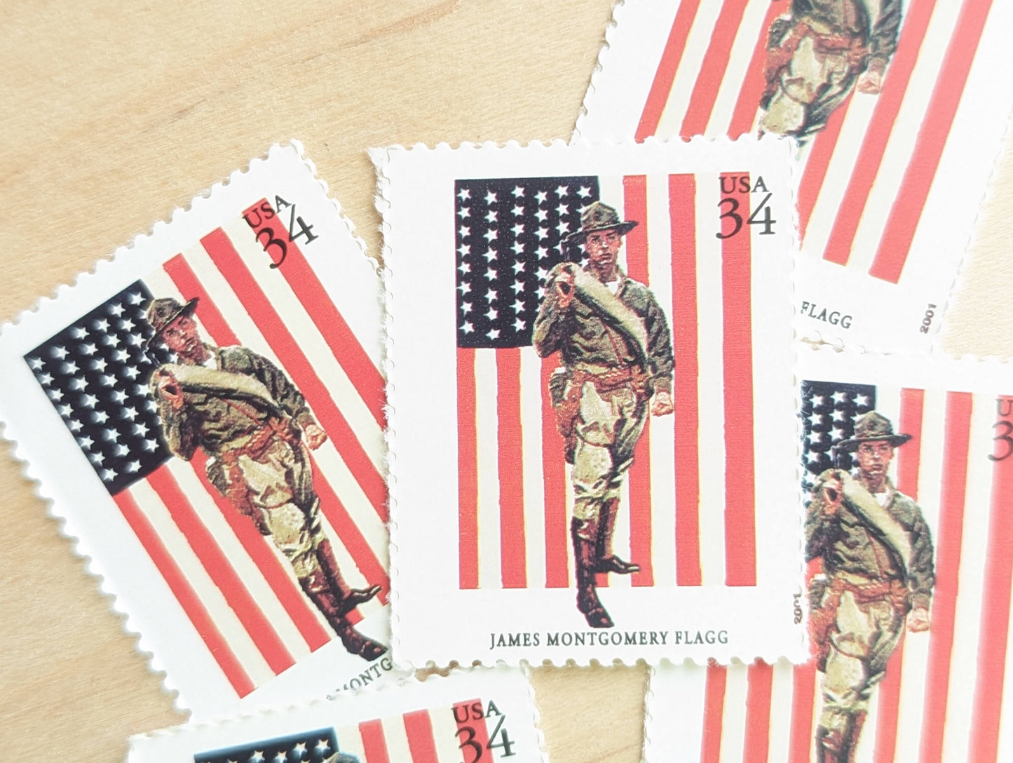 James Montgomery Flagg, First In the Fight Always Faithful, Set of 5, Vintage Unused USPS 34 Cent Postage Stamps, American Illustrators Series 2000, Gummed