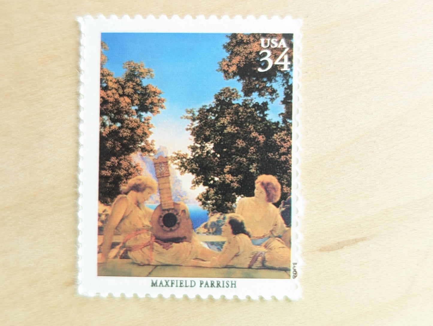Maxfield Parrish, Interlude (The Lute Players) Mural, Set of 5, Vintage Unused USPS 34 Cent Postage Stamps, American Illustrators Series 2000, Gummed