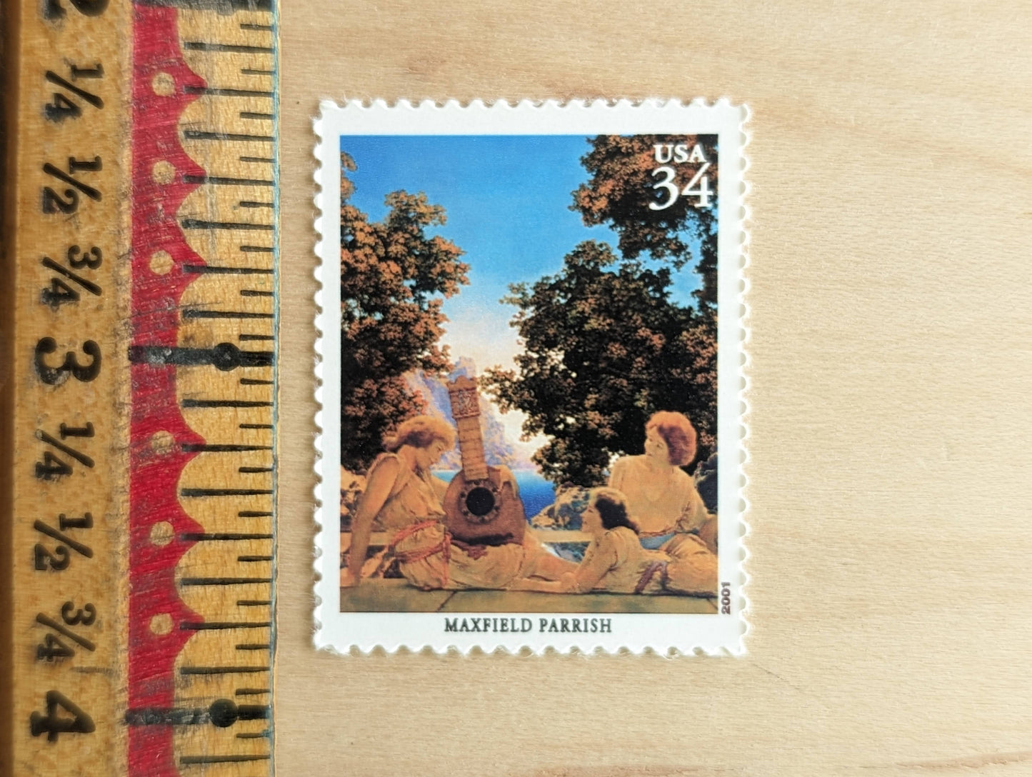 Maxfield Parrish, Interlude (The Lute Players) Mural, Set of 5, Vintage Unused USPS 34 Cent Postage Stamps, American Illustrators Series 2000, Gummed