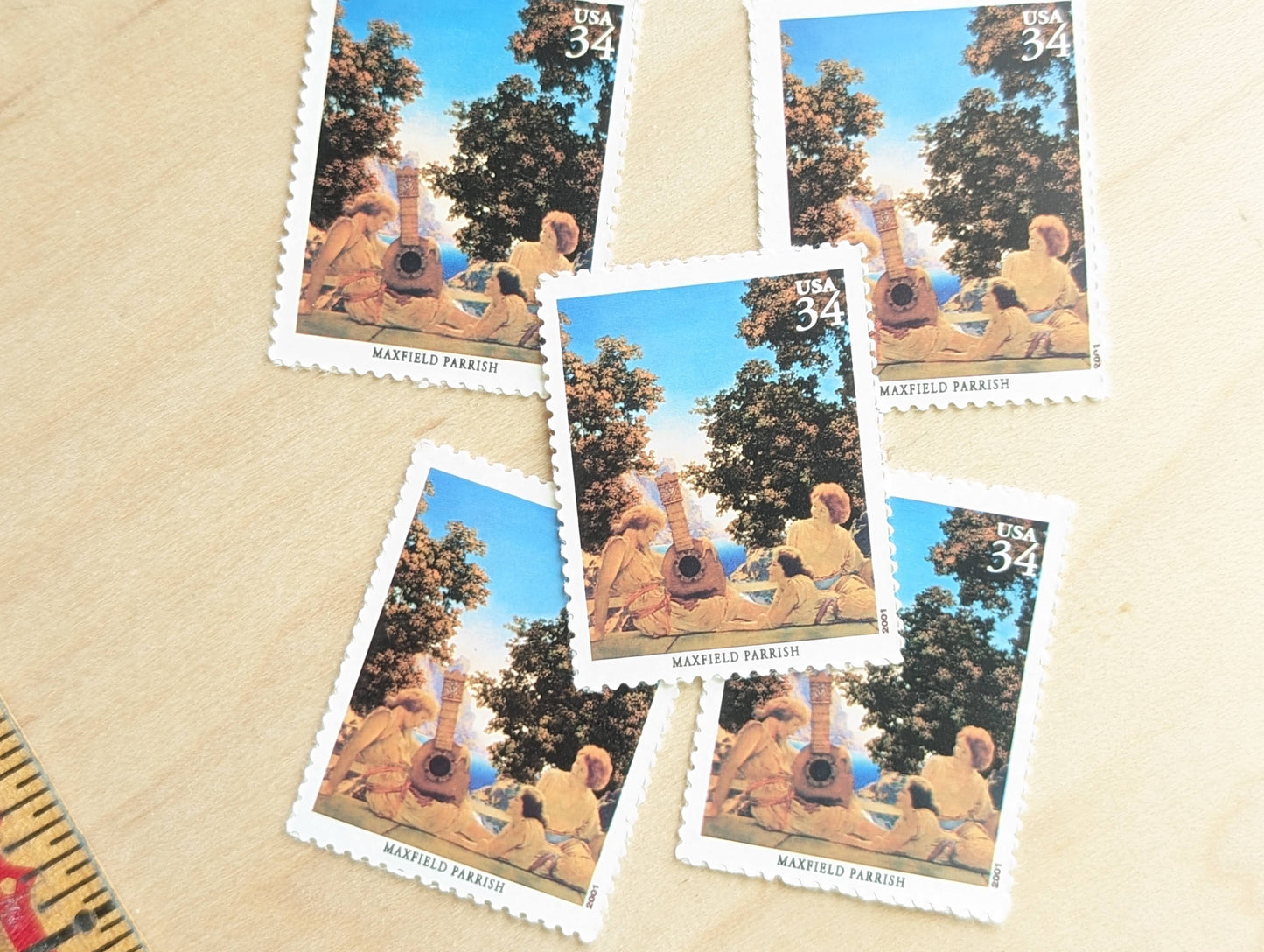 Maxfield Parrish, Interlude (The Lute Players) Mural, Set of 5, Vintage Unused USPS 34 Cent Postage Stamps, American Illustrators Series 2000, Gummed