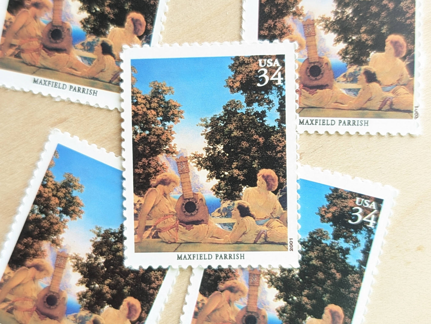 Maxfield Parrish, Interlude (The Lute Players) Mural, Set of 5, Vintage Unused USPS 34 Cent Postage Stamps, American Illustrators Series 2000, Gummed