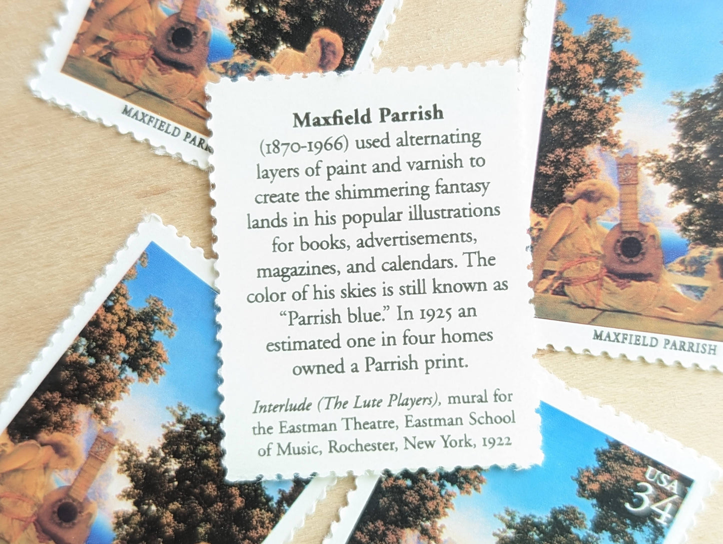 Maxfield Parrish, Interlude (The Lute Players) Mural, Set of 5, Vintage Unused USPS 34 Cent Postage Stamps, American Illustrators Series 2000, Gummed