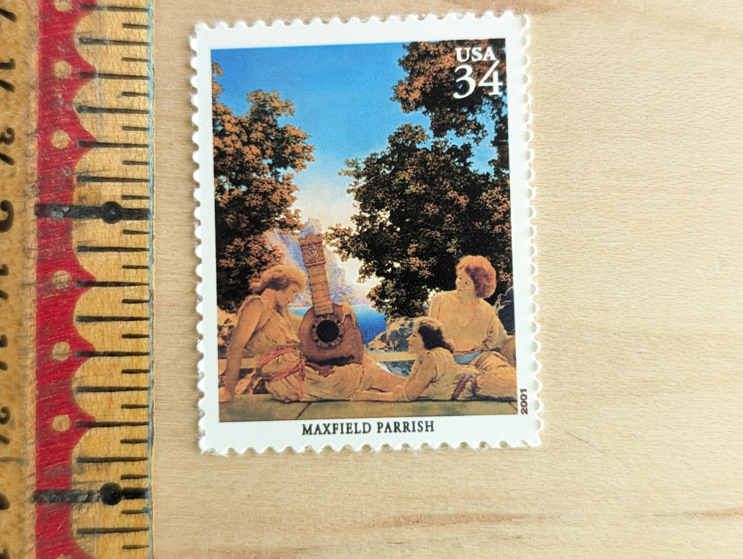 Maxfield Parrish, Interlude (The Lute Players) Mural, Set of 5, Vintage Unused USPS 34 Cent Postage Stamps, American Illustrators Series 2000, Gummed