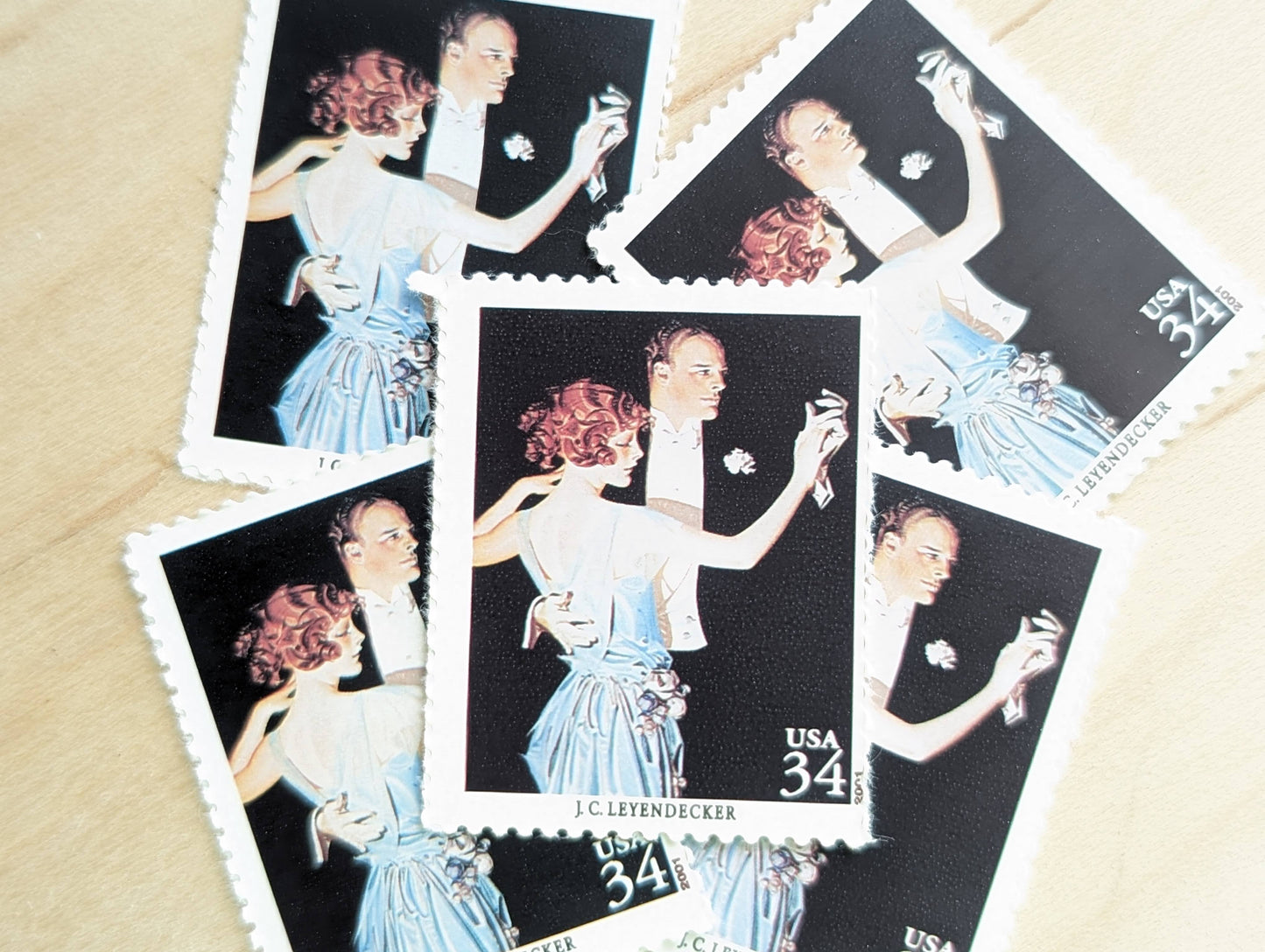 Joseph Christian Leyendecker, Arrow Collars And Shirts, Set of 5, Vintage Unused USPS 34 Cent Postage Stamps, American Illustrators Series 2000, Gummed