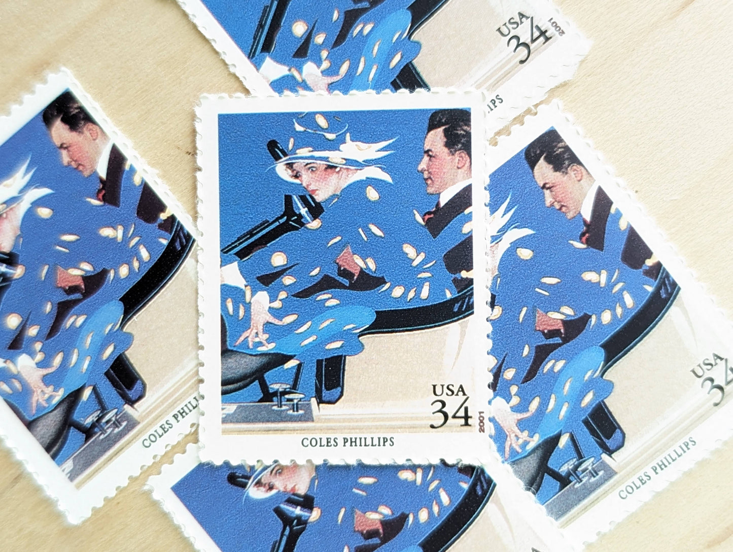 Coles Phillips, Fadeaway Girl, Set of 5, Vintage Unused USPS 34 Cent Postage Stamps, American Illustrators Series 2000, Gummed